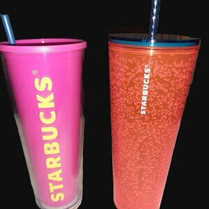 NEW STARBUCKS SUMMER 2023 NEON BUBBLESEED INFUSED TUMBLER & 2014 PINK 24 OZ CUPS